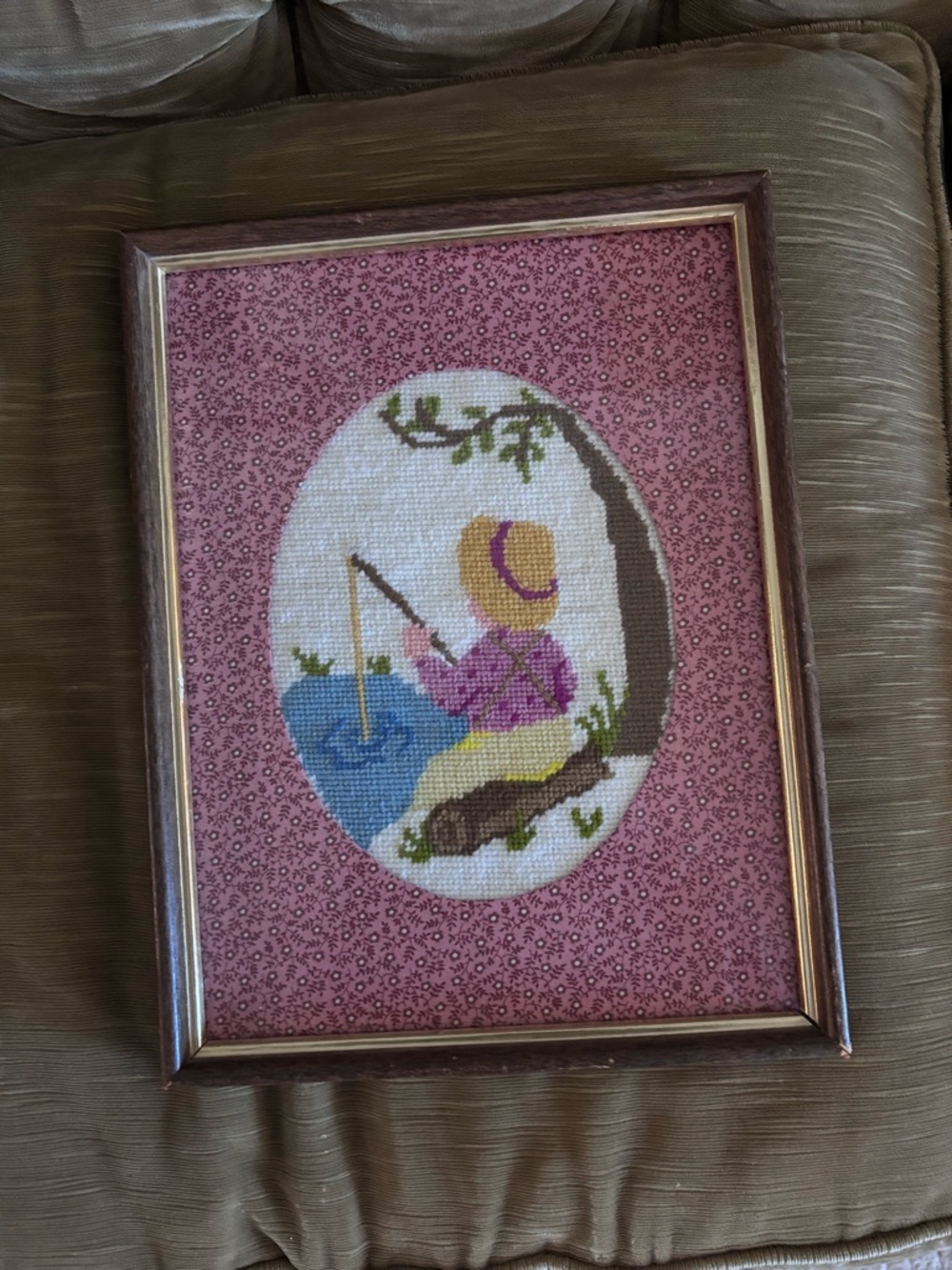 Handcrafted Pink Cross-Stitch Fishing Girl Wall Art